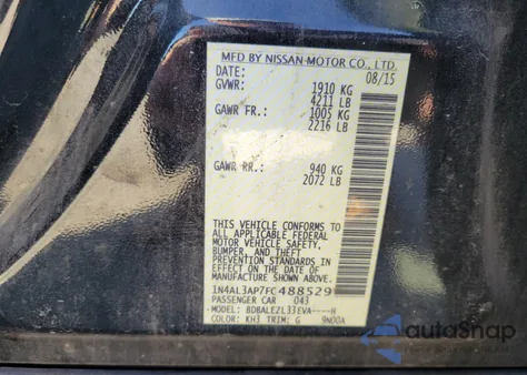 2015 Nissan Altima 2.5 S z USA, uszkodzony, nr VIN 1N4AL3AP7FC488529
